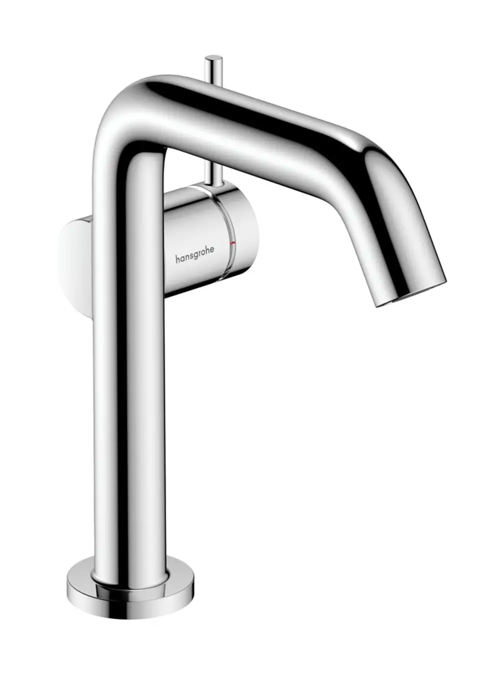 Ein moderner Wasserhahn aus verchromtem Metall mit einem geschwungenen Auslauf und einem seitlichen Hebel zur Temperatureinstellung, hergestellt von Hansgrohe.
